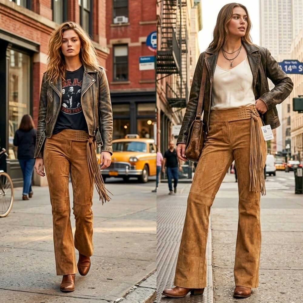 VNT Deadstock Mixit Genuine Suede Leather Fringe Pants Brown, Size 12 Deadstock